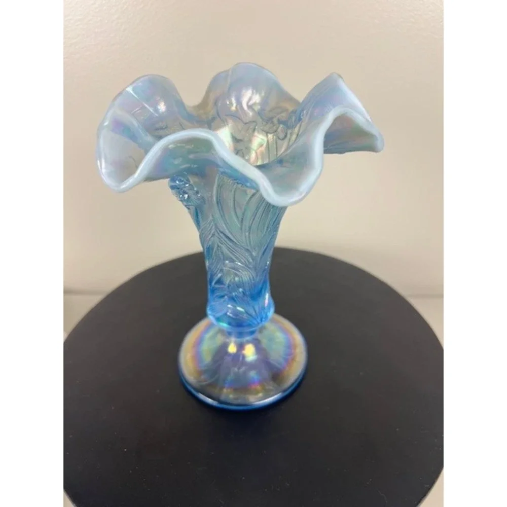 Fenton Ice Blue Iridescent Vase Daffodils Ruffled Edge 7-8